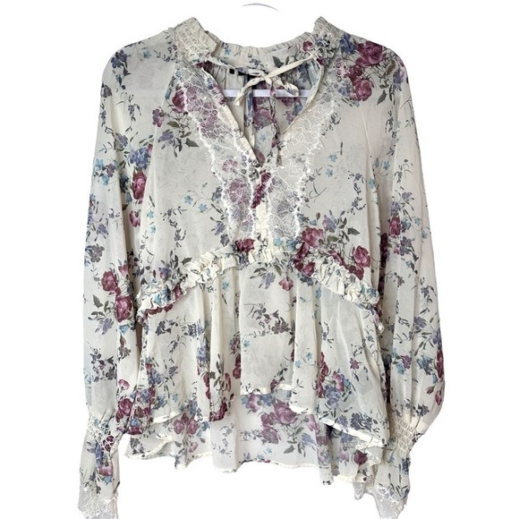 Buffalo by David Bitton Julianne Long Sleeve Sheer Asymmetrical Floral Blouse - Picture 1 of 7